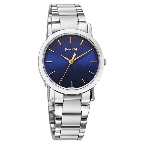 Sonata Classic Quartz Analog Blue Dial Stainless Steel Watch For Men -7987SM06