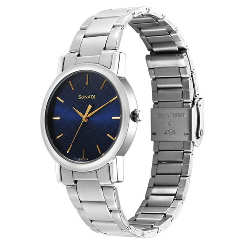 Sonata Classic Quartz Analog Blue Dial Stainless Steel Watch For Men -7987SM06