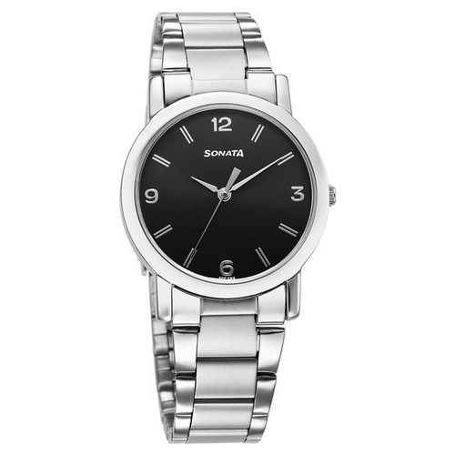 Sonata Classic Quartz Analog Black Dial Stainless Steel Watch For Men -7987SM07