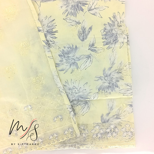 Unstitched Light Yellow Embroidered Cotton Kurta Set With Cotton Dupatta