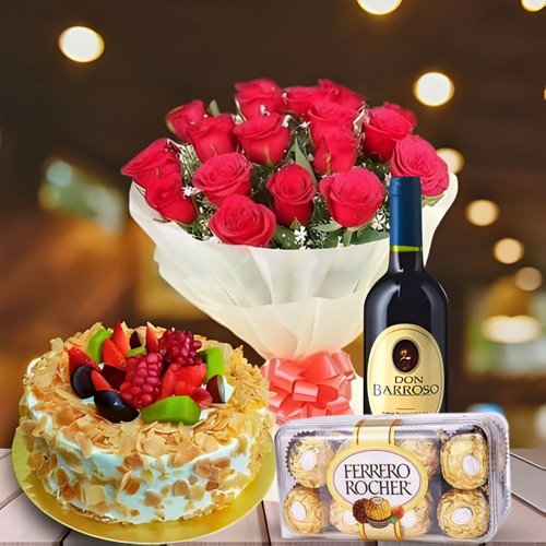 Sugar Free Cake with Rose Bouquet, Chocolates & Wine