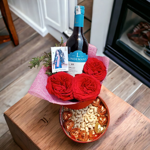 Dry Nuts, Chocolates, Roses & Red Wine 750ml As Anniversary Gift