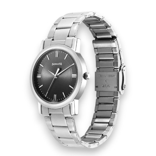 Sonata Classic Quartz Analog Grey Dial Silver Stainless Steel Strap Watch for Men - 7987SM09