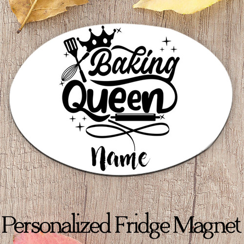 Personalized Oval Fridge Magnet with "Baking Queen" Design