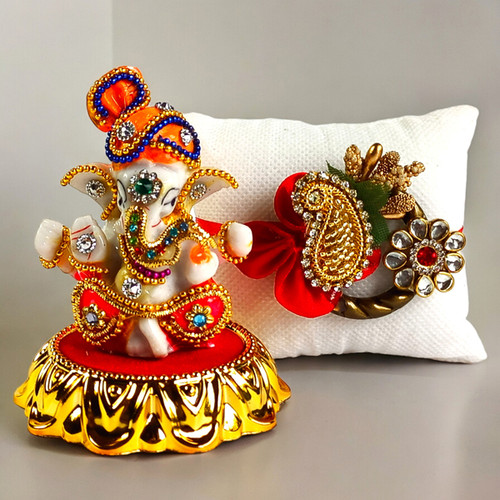 Mini Ganesha Statue with Stone Decor Mayur Rakhi