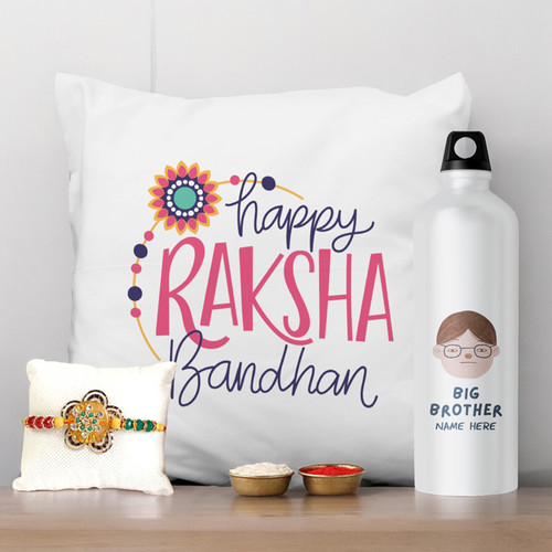 Cushion, Rakhi, and Personalized Bottle for Raksha Bandhan