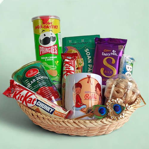 Raksha Bandhan Combo: Snacks, Sweets, Mayur Rakhi & Printed Mug