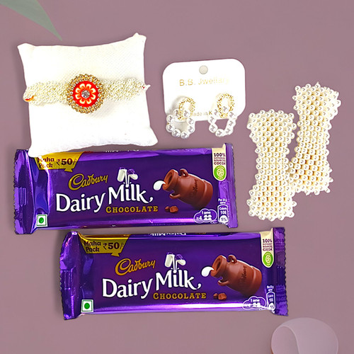Jewellery with Cadbury Milk Chocolates and Rakhi for Sister