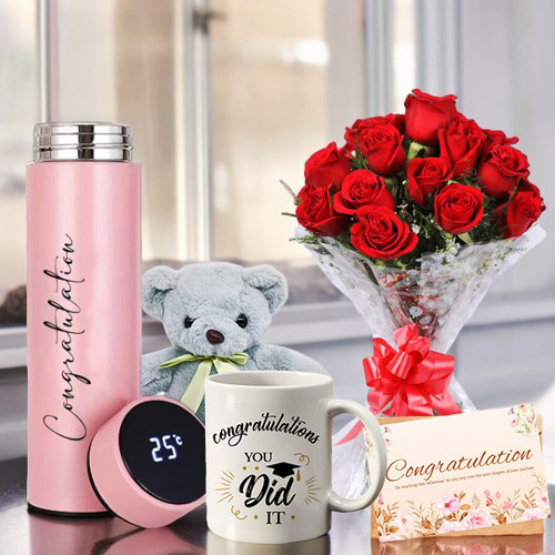 Congratulation Gifts with Bottle, Mug, and Rose Bouquet