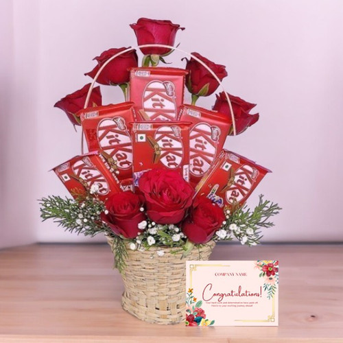 Kitkat Chocolates, Greeting Card and Roses in a Basket