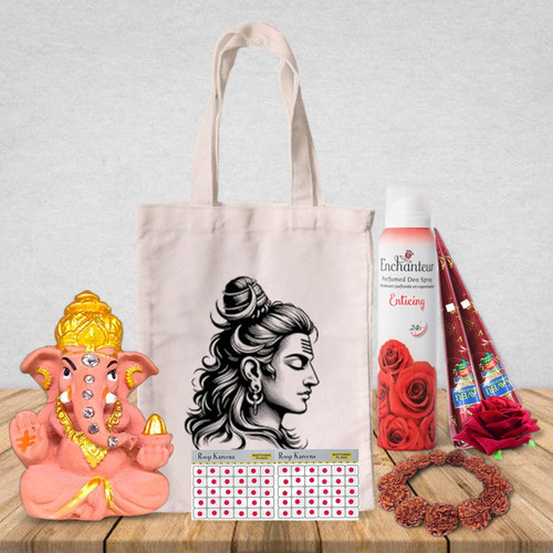 Shrawan and Teej Delightful Gift Hamper with Ganesh Statue and Tote Bag