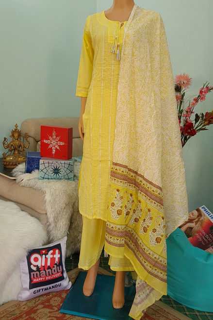 Cotton Kurta Suit With Shawl (Set of 3) - Lemon Yellow (Size Medium)