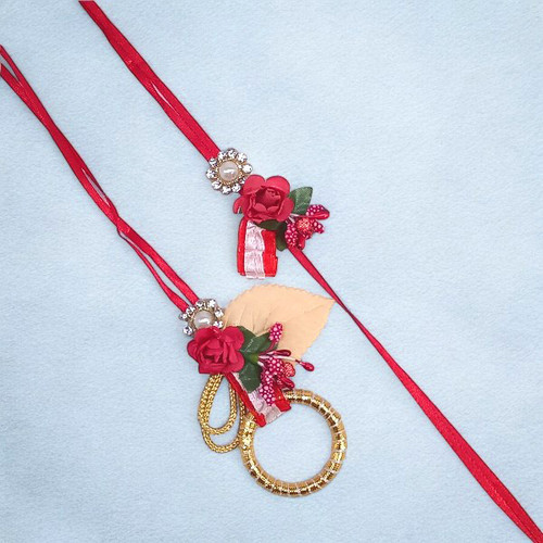 Charming Floral and Leaf Design Rakhi-Lumba Set in Red