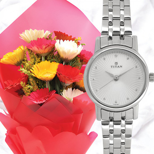 Blossoming Elegance: Mixed Gerbera Flowers & Stylish Watch for Her