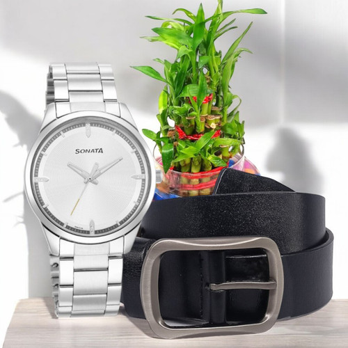 Stylish Gift Set for Him with 3 Layer Lucky Bamboo Plant in Vase