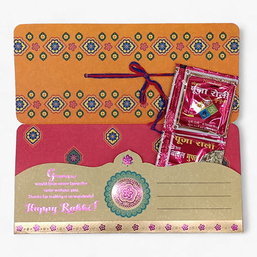 Multicolor Pearl & Bead Work Rakhi with Greeting Card and Roli-Chawal Pack