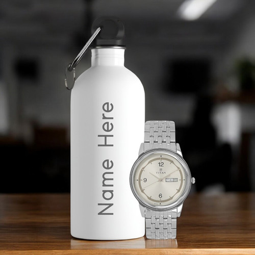 Personalized Water Bottle with Titan Stylish Watch Gift Set for Men