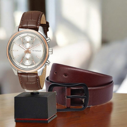 Premium Leather Belt & Stylish Titan Watch Set for Men