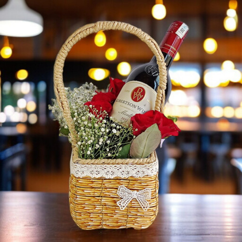 Red Wine 750ml with Roses in a Basket for Girlfriend