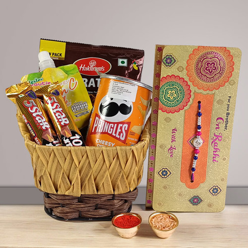 Snacks Gift Basket with Rakhi and Greeting Card for Brother