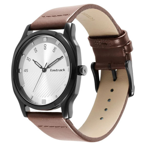 Fastrack Stunners Quartz Analog Silver Dial Leather Strap Watch for Guys - 3255NL02