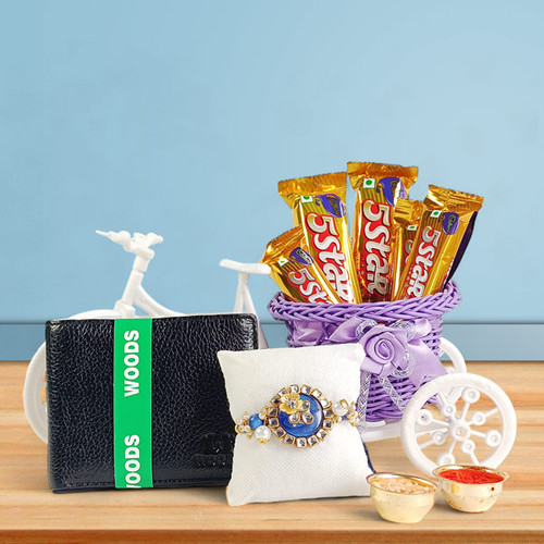 Rakhi with Chocolates in Rickshaw & Wallet for Brother