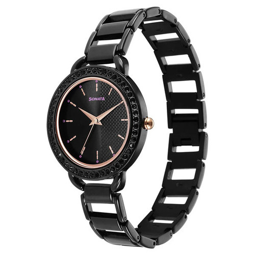 Sonata Wedding Quartz Analog Black Dial Metal Strap Watch for Women - 87052KM01