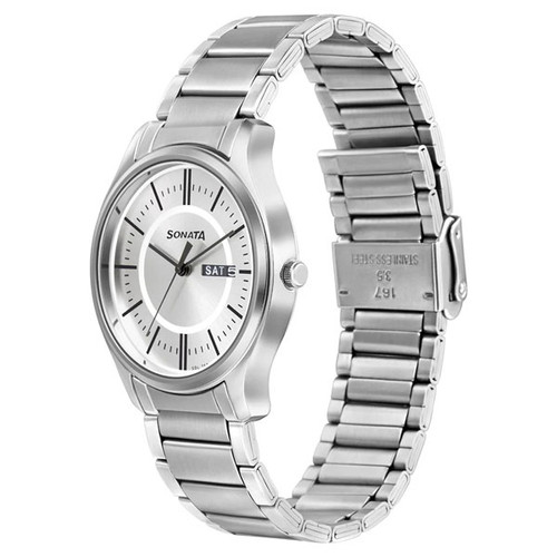 Sonata Quartz Analog with Day and Date Silver Dial Stainless Steel Strap Watch for Men - 77082SM02