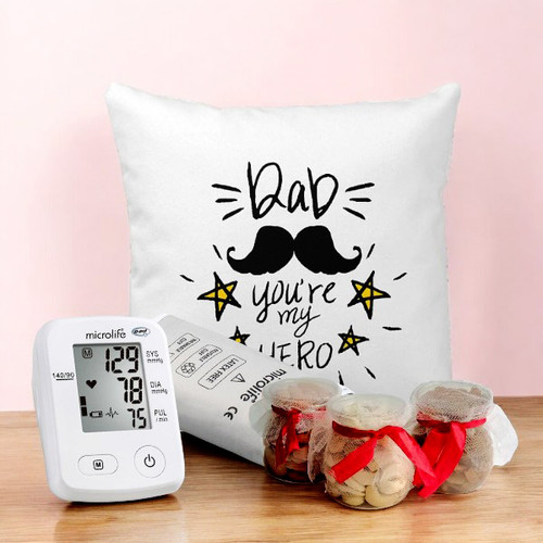 Dad's Wellness Gift Set: Cushion, Dry Nuts, and BP Monitor