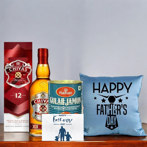 Father's Day Gift with Whisky, Cushion and Mithai