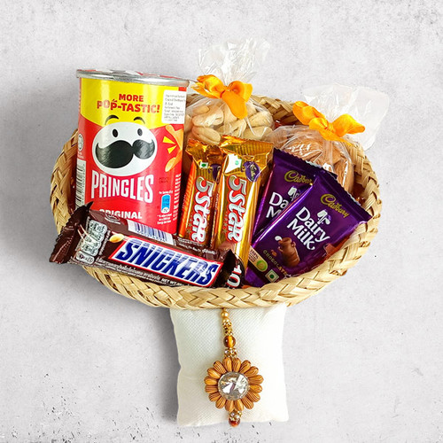 Rakhi with Pringles and Chocolates Gift Basket