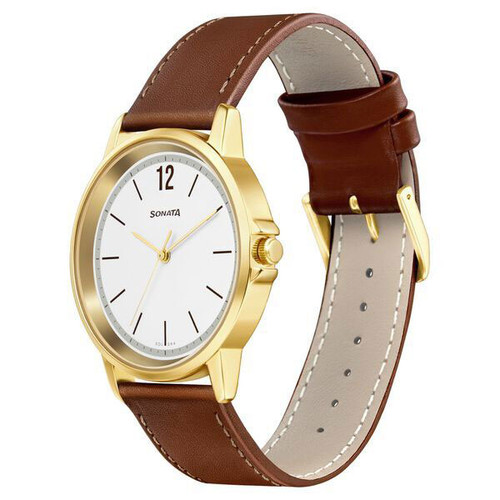 Sonata Quartz Analog White Dial Leather Strap Watch for Men - 77083YL02