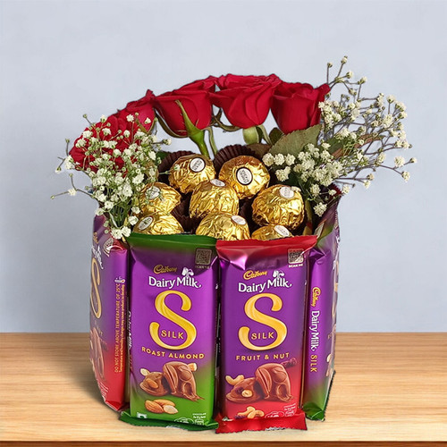 Chocolates Combo Bouquet with Roses and Gypsy