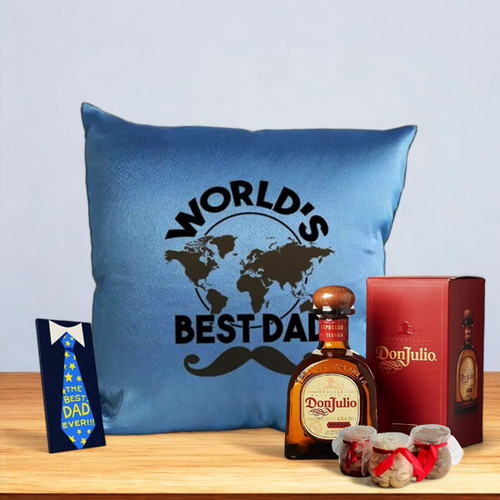 Dad's Gift: Beverage with Chocolates, Dry Nuts, and Cushion