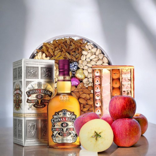 Whisky with Dry Nuts Combo, and Fresh Fuji Apple