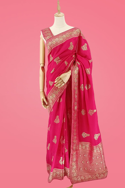 Golden Stoned Rani Pink Banglori Silk Saree