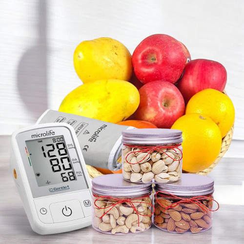 Fruits Basket with BP Monitor and Dry Nuts