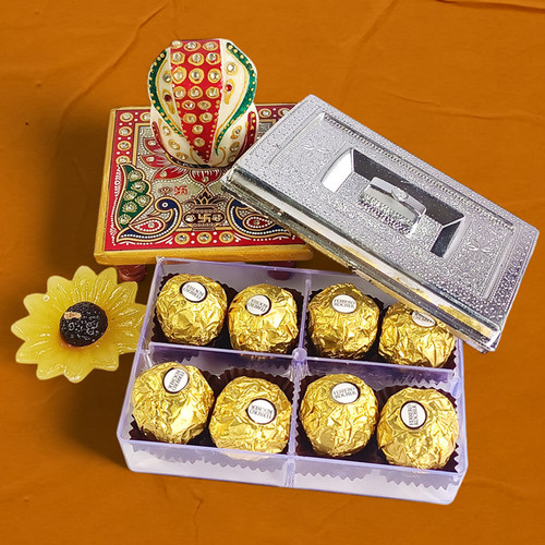 Lord Ganesh Statue with Premium Chocolates and Sunflower