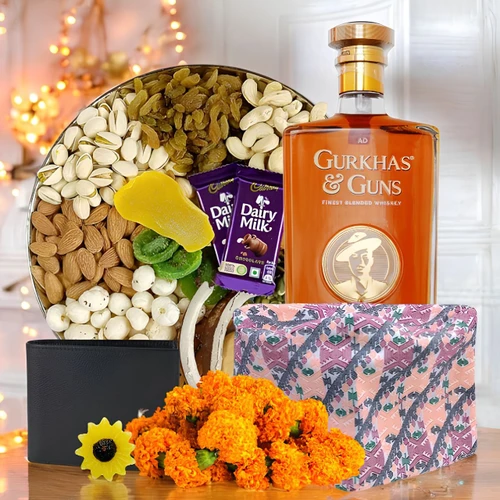 Bhai Tika Gift: Dry Nuts with Beverage, Wallet and Dhaka Topi
