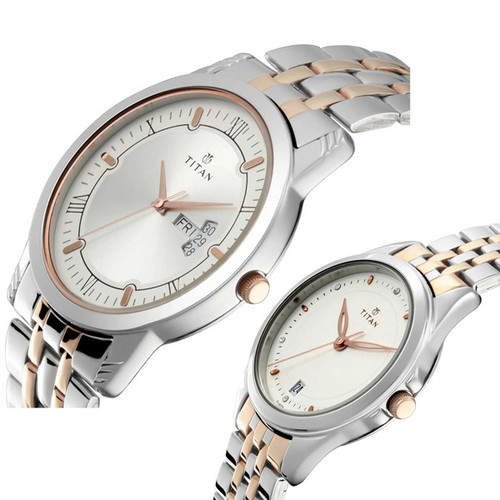 Titan Analog Silver Dial Stainless Steel Strap with Date and Day Watch for Couples - 17742565KM01
