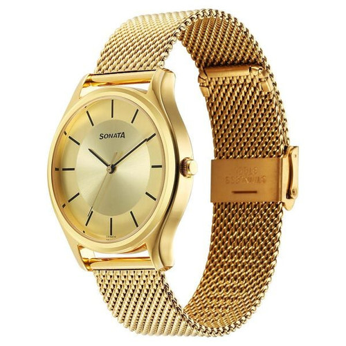 Sonata Quartz Analog Champagne Dial Stainless Steel Strap Men's Watch- 77082YM09