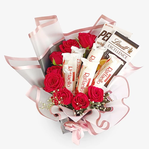 Premium Chocolates & Fresh Red Roses Bouquet