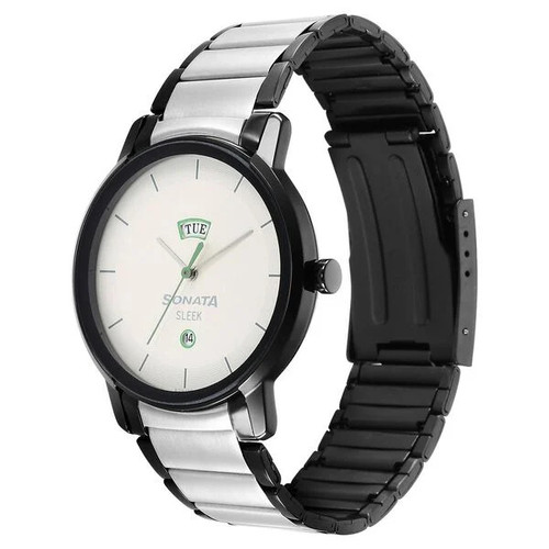 Sonata White Dial Analog with Day and Date Watch for Men-7147KM01