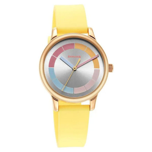 Sonata Splash Silver Dial Women Watch With Plastic Strap-8178WP02(Yellow)