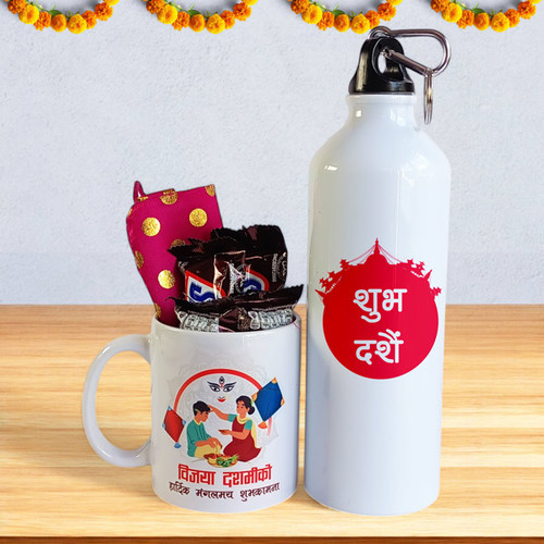 Dashain Bliss: Festive Themed Mug & Aluminium Tumbler with Chocolates