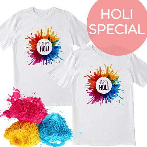 'Happy Holi' Printed T-shirt X 2 With Colors Combo Gift
