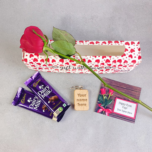 Rose Day Special Hamper: A Single Rose in a Box with Sweet Delights