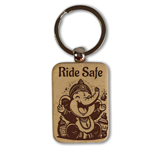 Ride Safe Lord Ganesh Ji Laser Engraved Wooden Keyring – A Symbol of Protection