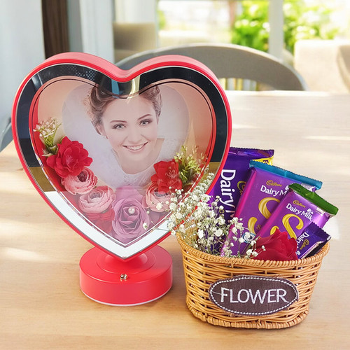 Custom Heart-Shaped Photo Frame with Chocolates in a Charming Basket Custom Heart-Shaped Photo Frame with Chocolates in a Charming Basket