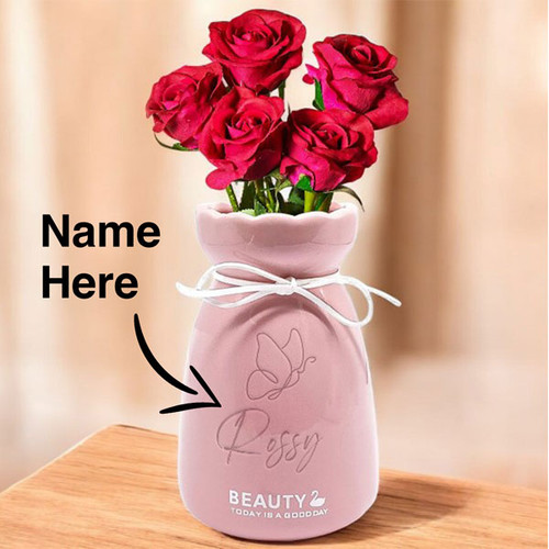 5 Fresh Red Roses with Personalized Name Engraved on Vase